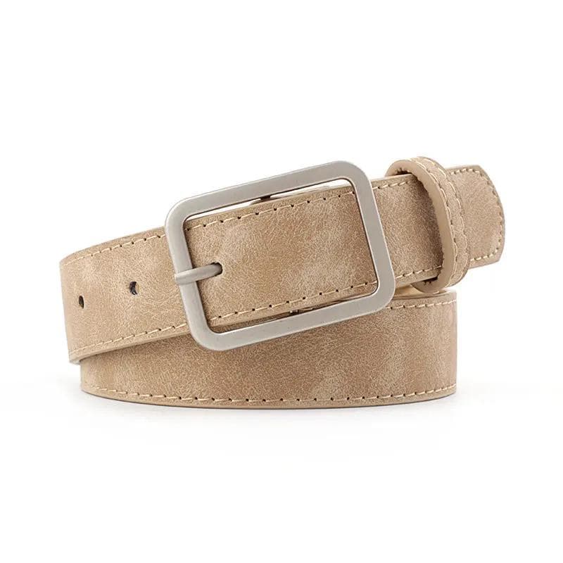 Fashion Square Pin Buckles Belts Women Silver Buckle Leather Belts for Jeans Retro Wild Belts for Women Waistbands Student Strap 105CM khaki