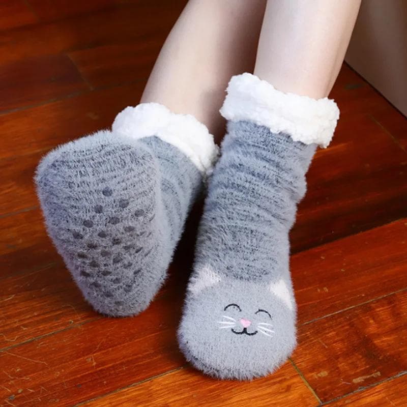 Womens Fuzzy Sock Cat Soft Female Winter Warm Thermal Plush Non Slip Grip Fluffy Slipper Socks sleeping Thick slouch Cute Kawai One Size