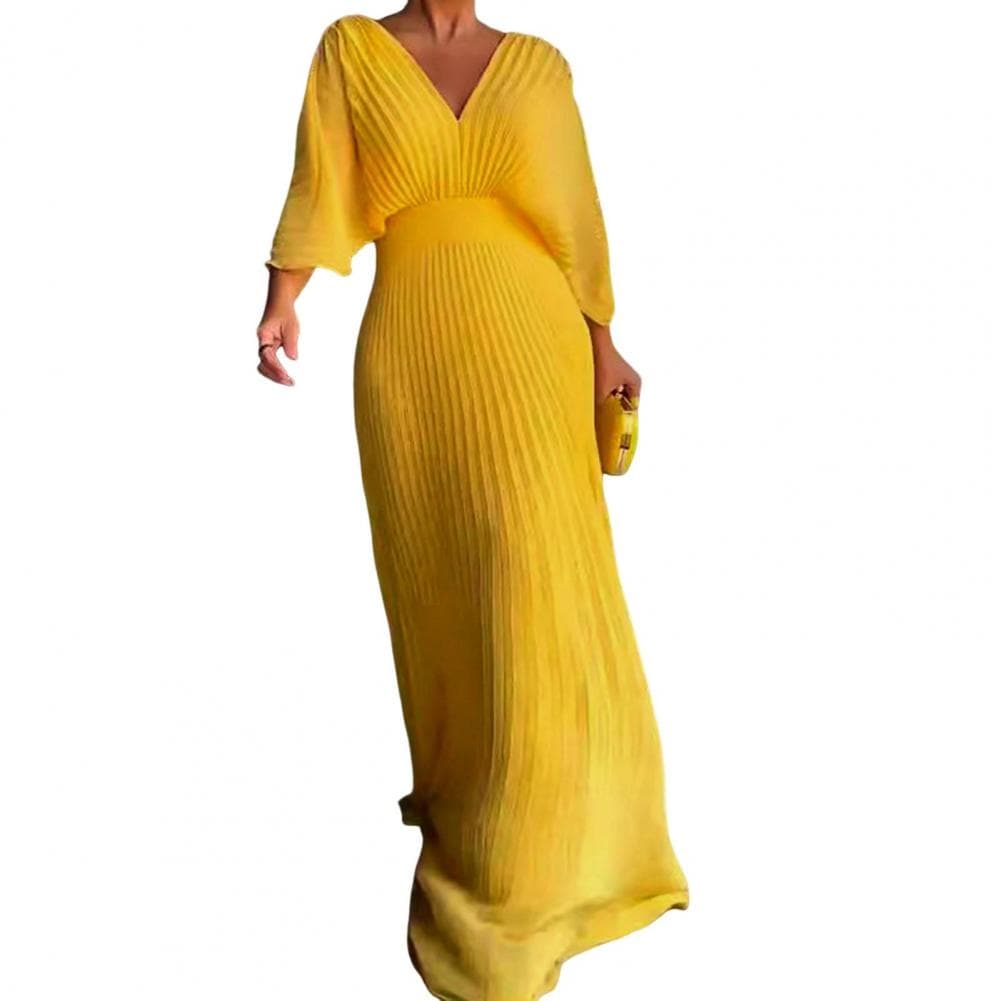 Women Dress Elegant Pleated V Neck Maxi Dress for Women Dolman Sleeves Evening Gown with Slim Waist Full Length Skirt for Party XXXL yellow