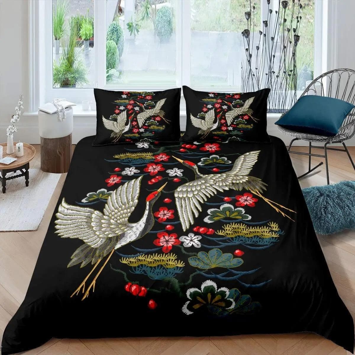 Crane Duvet Cover Set Queen Size Japanese-Style Bedding Set Cherry Blossoms Pattern Women Girls Japanese Traditional Quilt Cover 70x133cm 2pcs