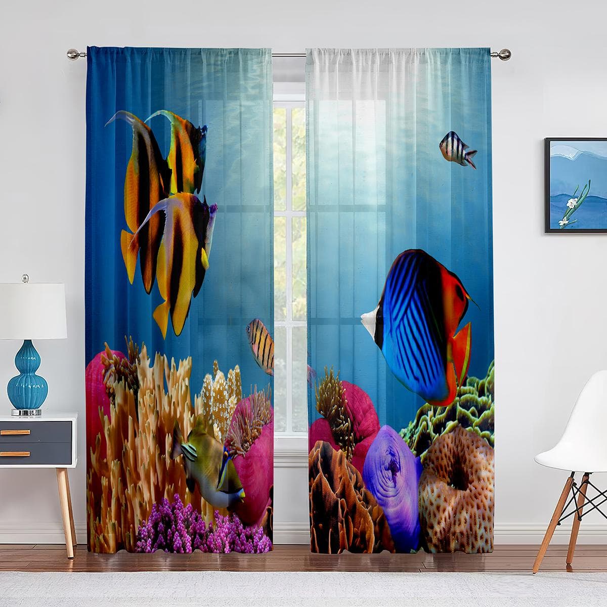Ocean Underwater World Tulle Voile Curtains Tropical Fishes Shark Coral In The Deep Sea Sheer Curtain for Living Room Bedroom 1 PCS W100XH250cm&Grommet Top