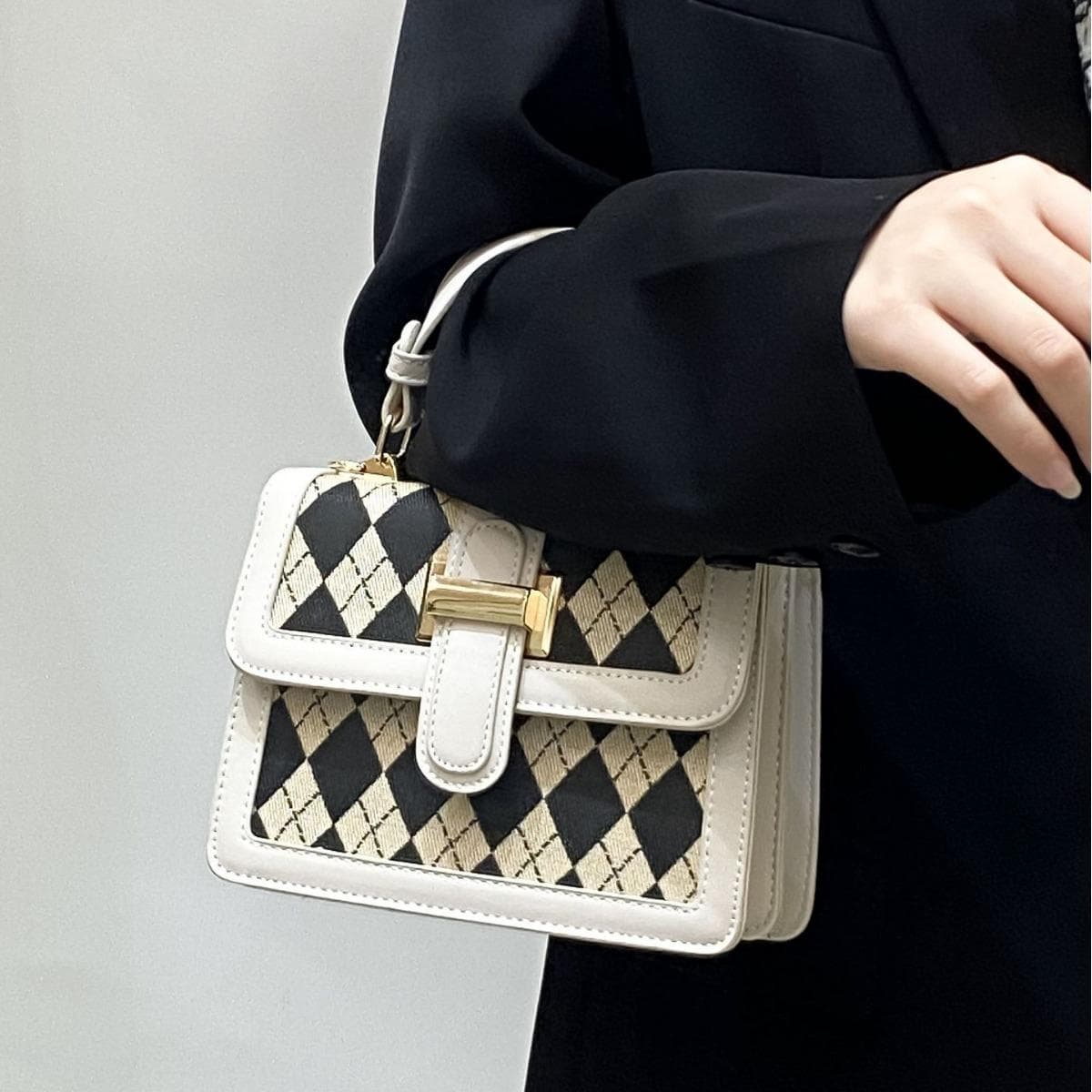 Popular Small Square Bag Black Plaid Tote Bag Niche Design Single Shoulder Crossbody Bag Women