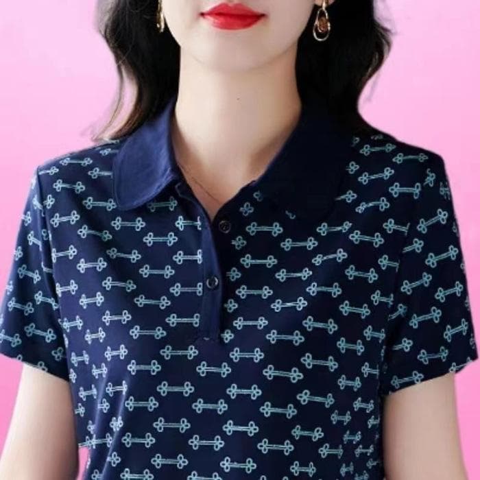 New Mother Short-sleeved Lapel POLO Shirt for Women Large Size Casual Summer Clothes and Fashionable Shirt Top 4XL blue