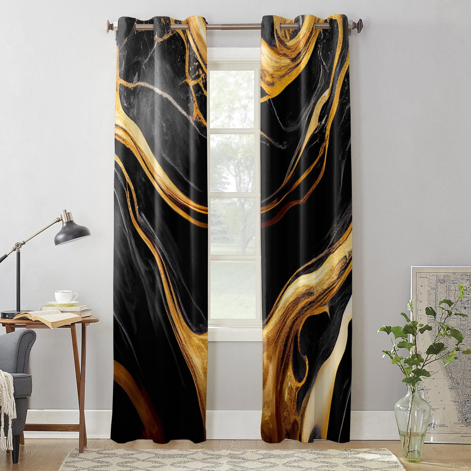 Marble Gold Texture Black Modern Window Curtains for Living Room Bedroom Curtain Kitchen Treatment Blinds Drapes 135W x 60H(cm) x1
