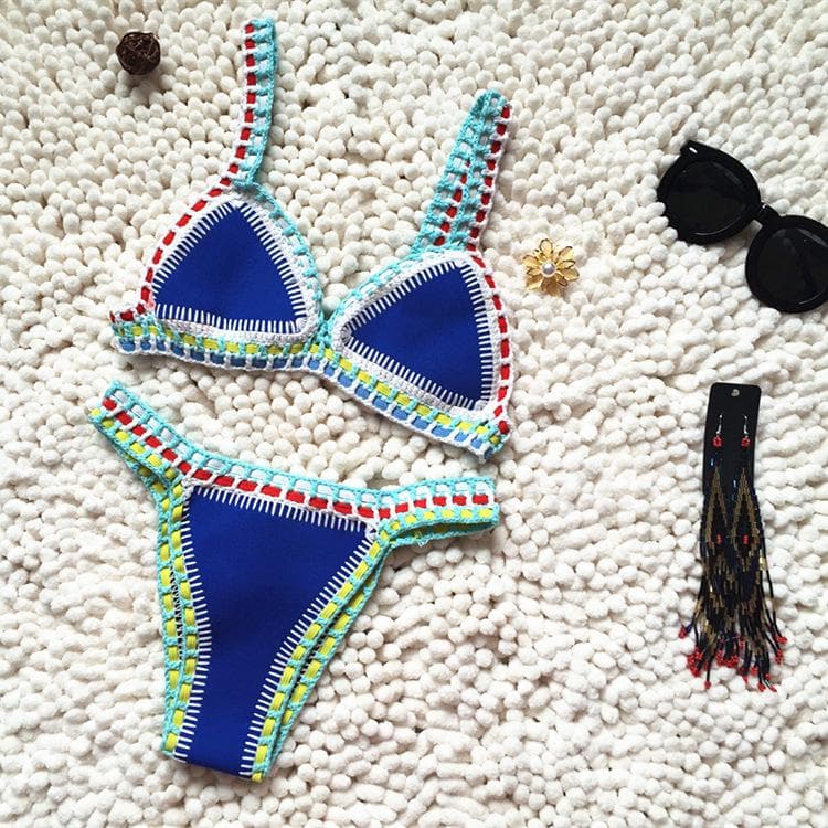 Bikini Women Handmade Crochet Knit Swimwear Halter Patchwork Bathing Suit Swimsuit Biquini Thong Bikini S blue/red