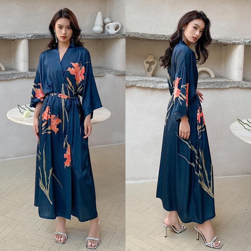 Plus Size Female Long Robe Sleppwear Print Flower Kimono Bathrobe Gown Loungewear Spring Summer Loose Casual Satin Home Dress One size
