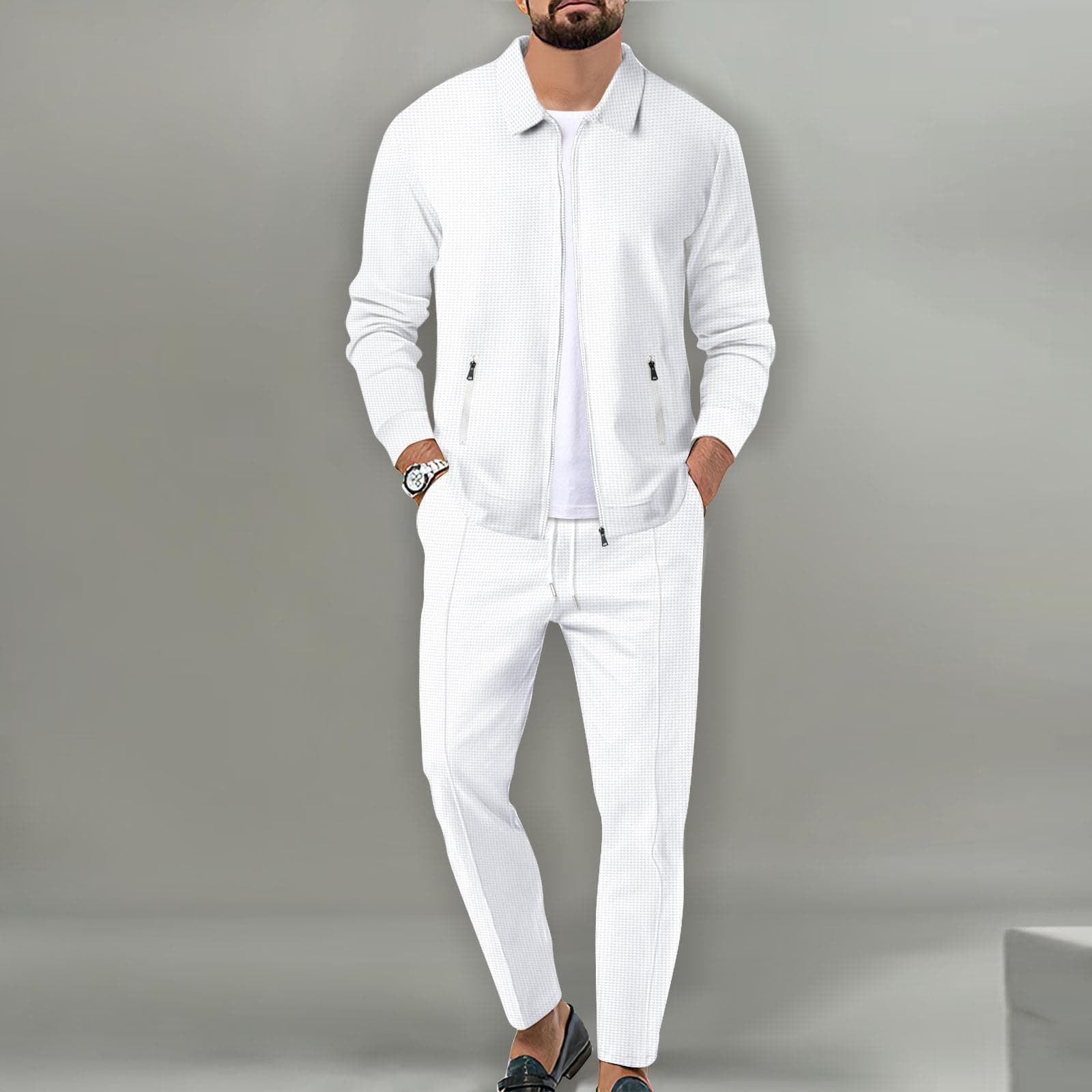 Men's Casual Blazer Set Fashion Waffle Baseball Suit Round Neck Pocket Zipper Long Sleeve Trousers Two-piece Set XS white
