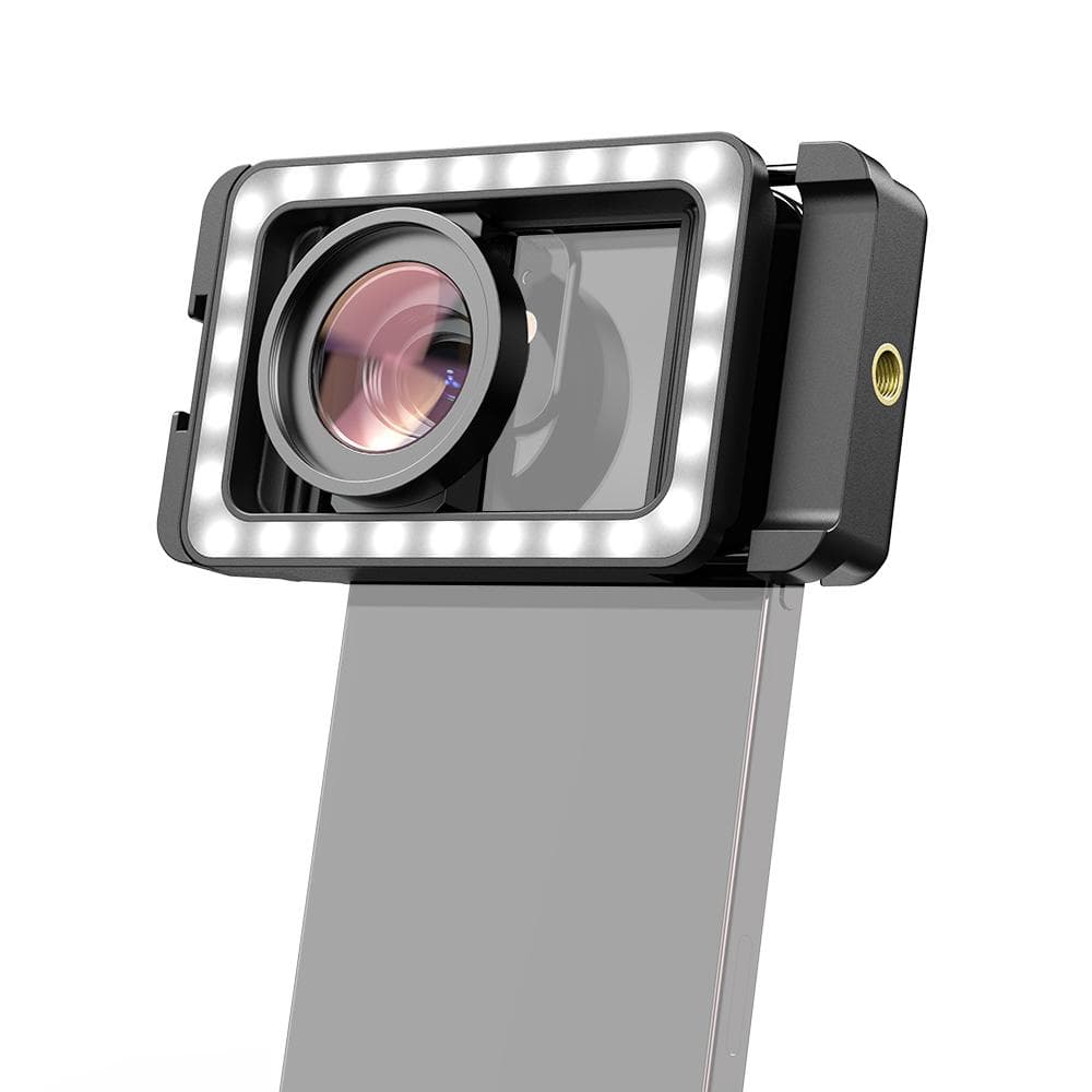 APEXEL FL23 Universal Phone Clip with 17mm + 37mm Thread LED Fill Light Cold Shoe Mount & 1/4in with M15 macro Lens black