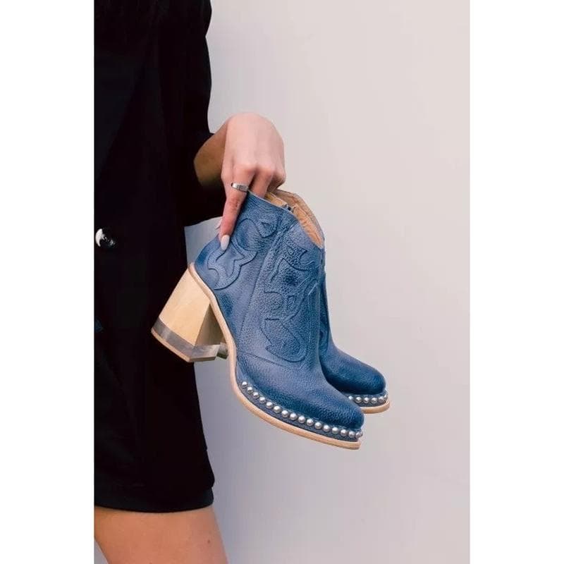 Embroidered Fashion Boots Women Rivet Crystal High Heels Short Boots Ankle Boots 39 blue