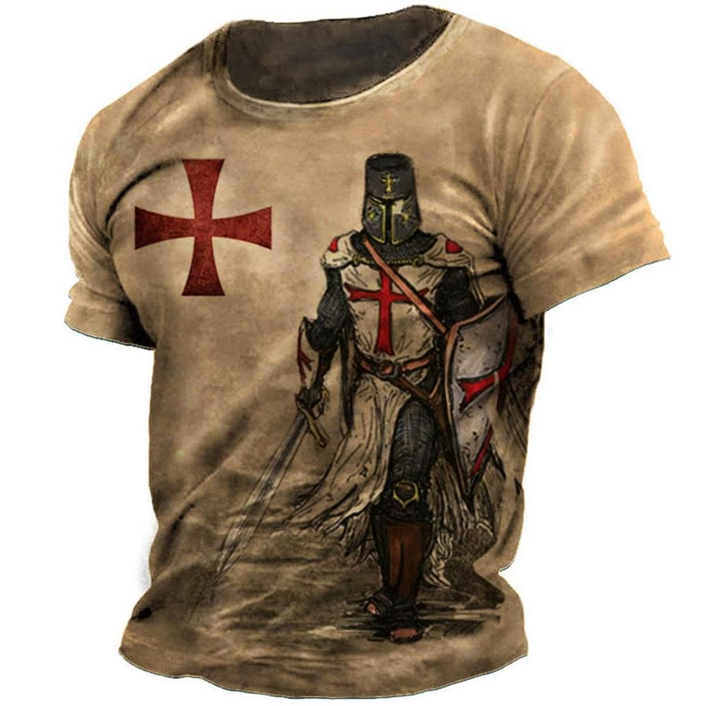 Retro Knights Templar Print Men's T-shirts Summer Loose Polyester Short Sleeve Male Tops Crusader Soldier Clothing Apparel 5XL