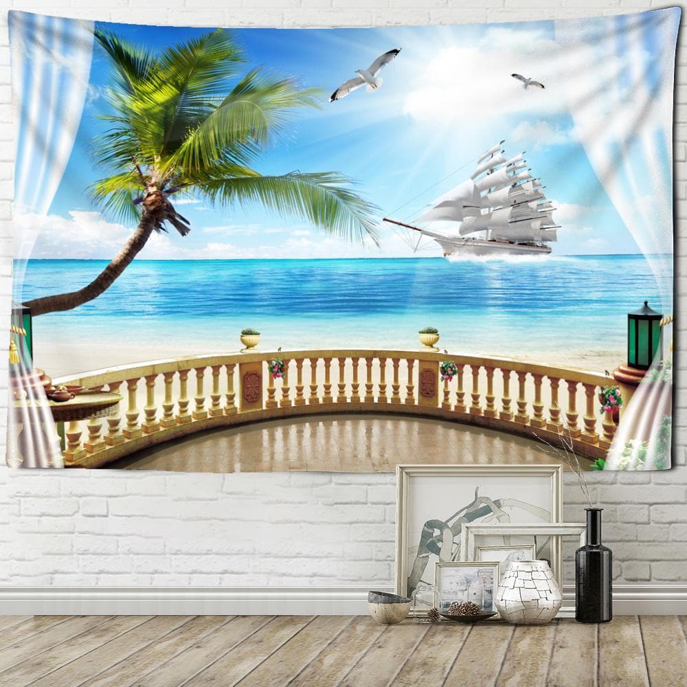Seaside Scenery Tapestry Wall Hanging Bohemian Art Living Room Window Painting Simple Nordic Home Decor 95x70cm
