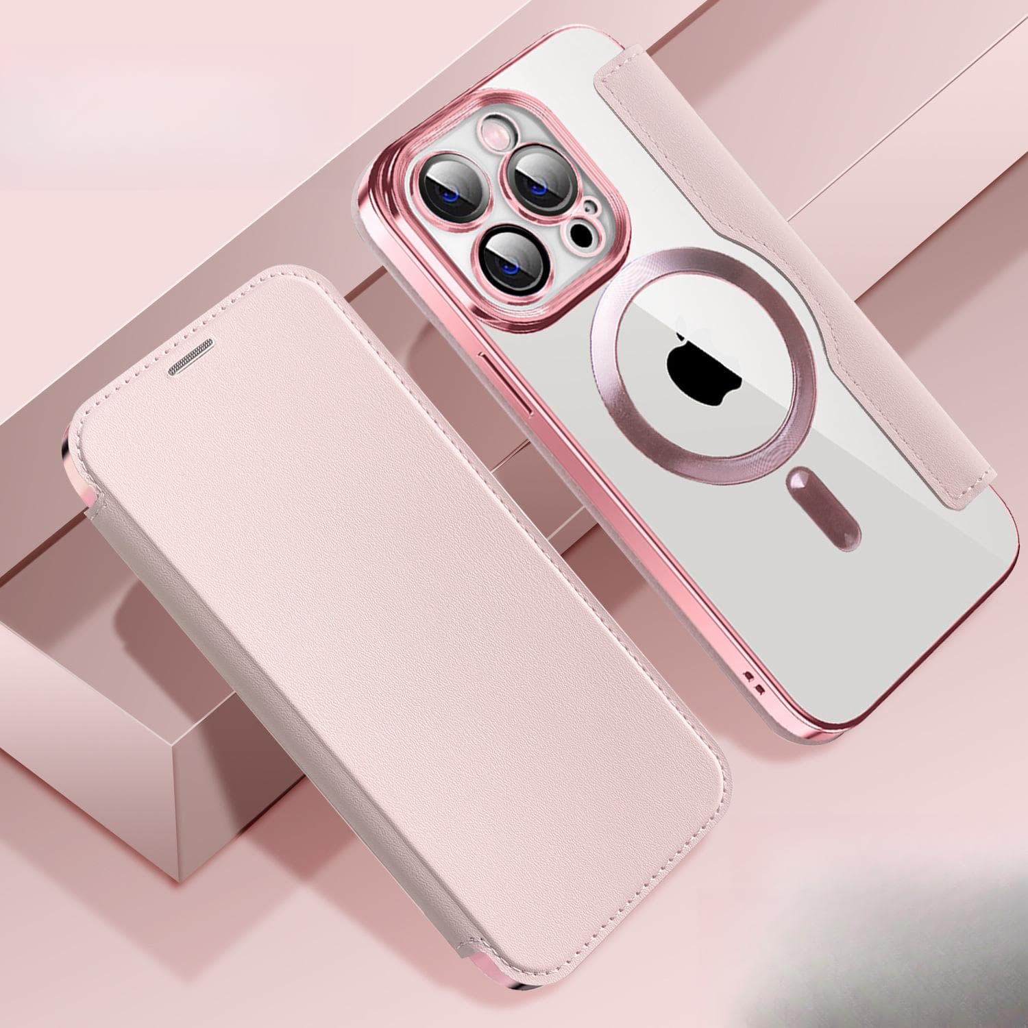 Applicable To Apple 16 Electroplated Gold Shield Magnetic Leather Case Mobile Phone Case IPhone 15 Full Cover Flip Lens Film 14 Protection Samsung S22 pink