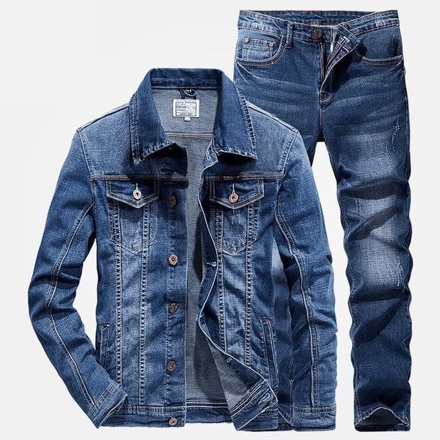 Men 2 Piece Sets New Simple Spring Autumn Smoky Gray Long Sleeve Denim Jacket +Jeans Fashion Slim Couple Denim Suit Ropa Hombre XXXXL