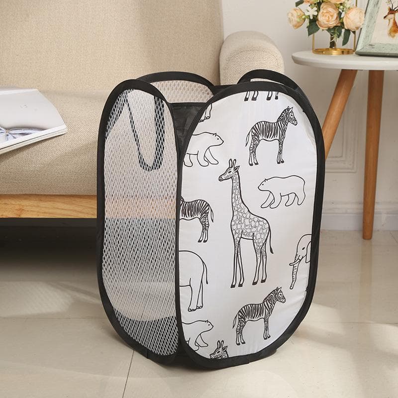 1pc Cartoon Folding Laundry Basket Large Capacity Dirty Clothes Organizer Basket Multifunctional Mesh Bag For Household Storage black
