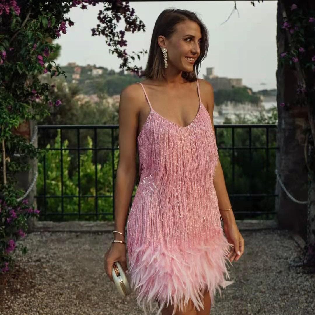 Summer Women's Halter Dress Fashion Tassel Sequins Birthday Party Sexy V-Neck Halter Feather Patchwork Dresses XL pink