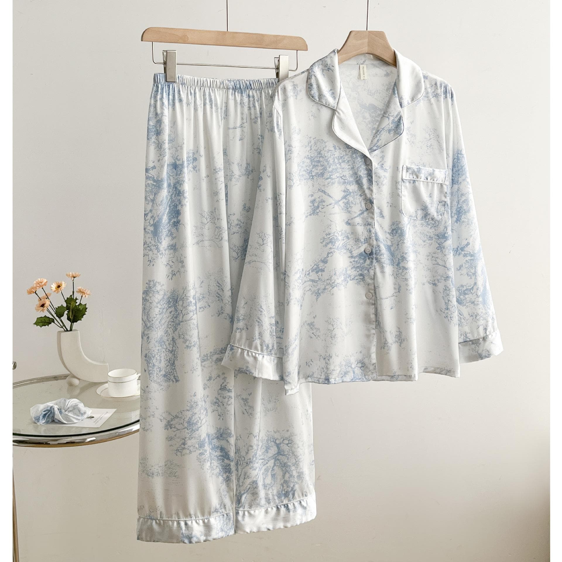 Long Sleeved Satin Pajamas Spring Autumn Intimate Sleepwear Sexy Printed Lapel Cardigan Pants Nightwear Two-Piece Set Loungewear XL