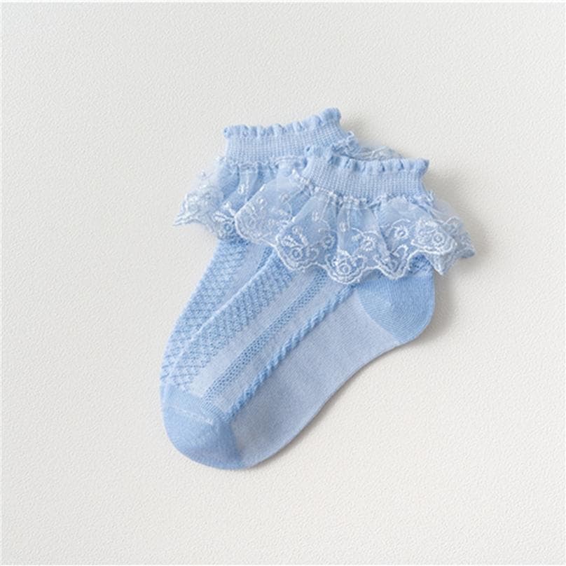 Skin-friendly Lace Trim Girl's Ankle Socks Absorbent Autumn Lovely Thin for Children Solid Color Socks S blue