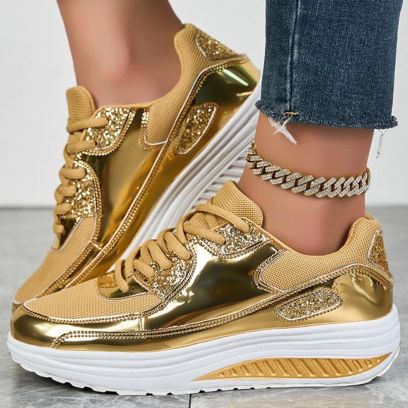 Women's Thick Soled Sports Shoes Breathable Sequins Round Toe Casual Sports Shoes Plus Size Lace Up Shoes 37 gold