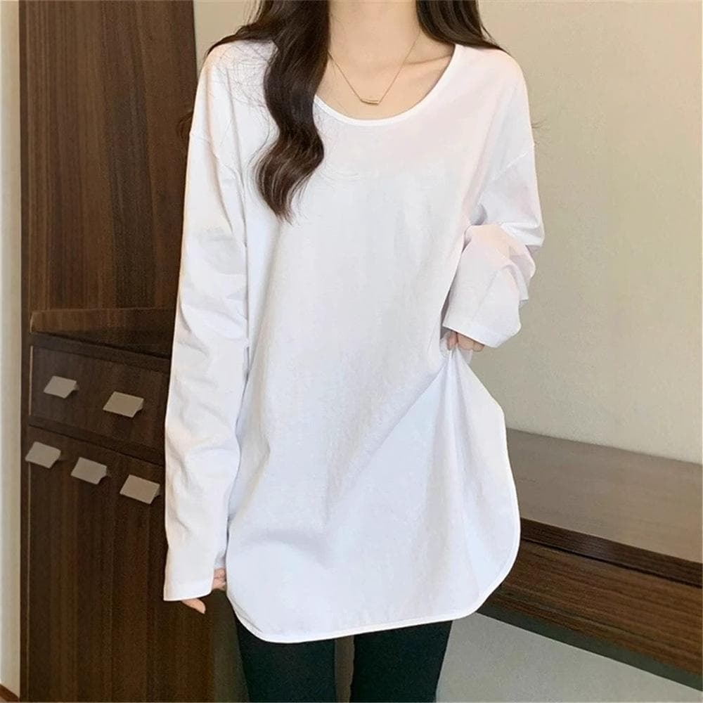 White U-neck Long Sleeve Loose Mid-length Base Shirt for Women with Spring and Autumn Pure Cotton Slit Body Cover Butt Top XXL