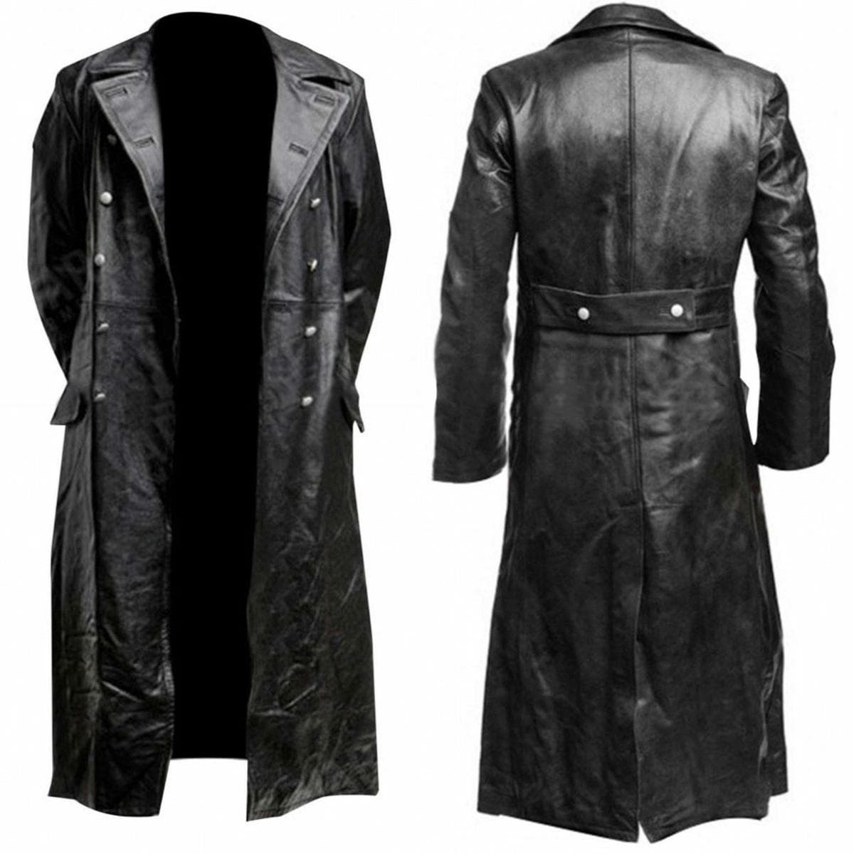 Men's Classic Military Uniform Officers Black Leather Trench Coat XS black