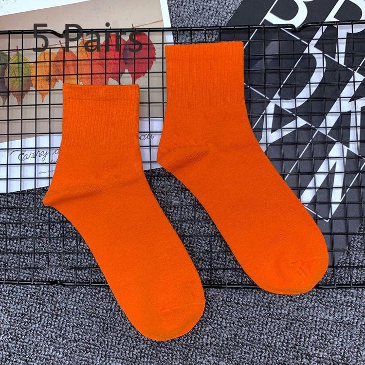 5 Pairs of Tide Solid Colour College Style Sports Mid-calf Cotton Socks Men and Women Couples Short Socks 5 pairs orange
