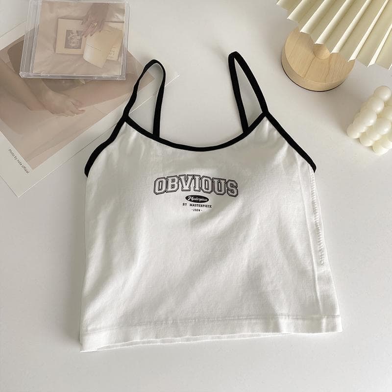 Women With Padded Bra Crop Tops O-neck Solid Crop Tops 2023 Summer Letter Printing Tops Spaghetti Camisole one size white