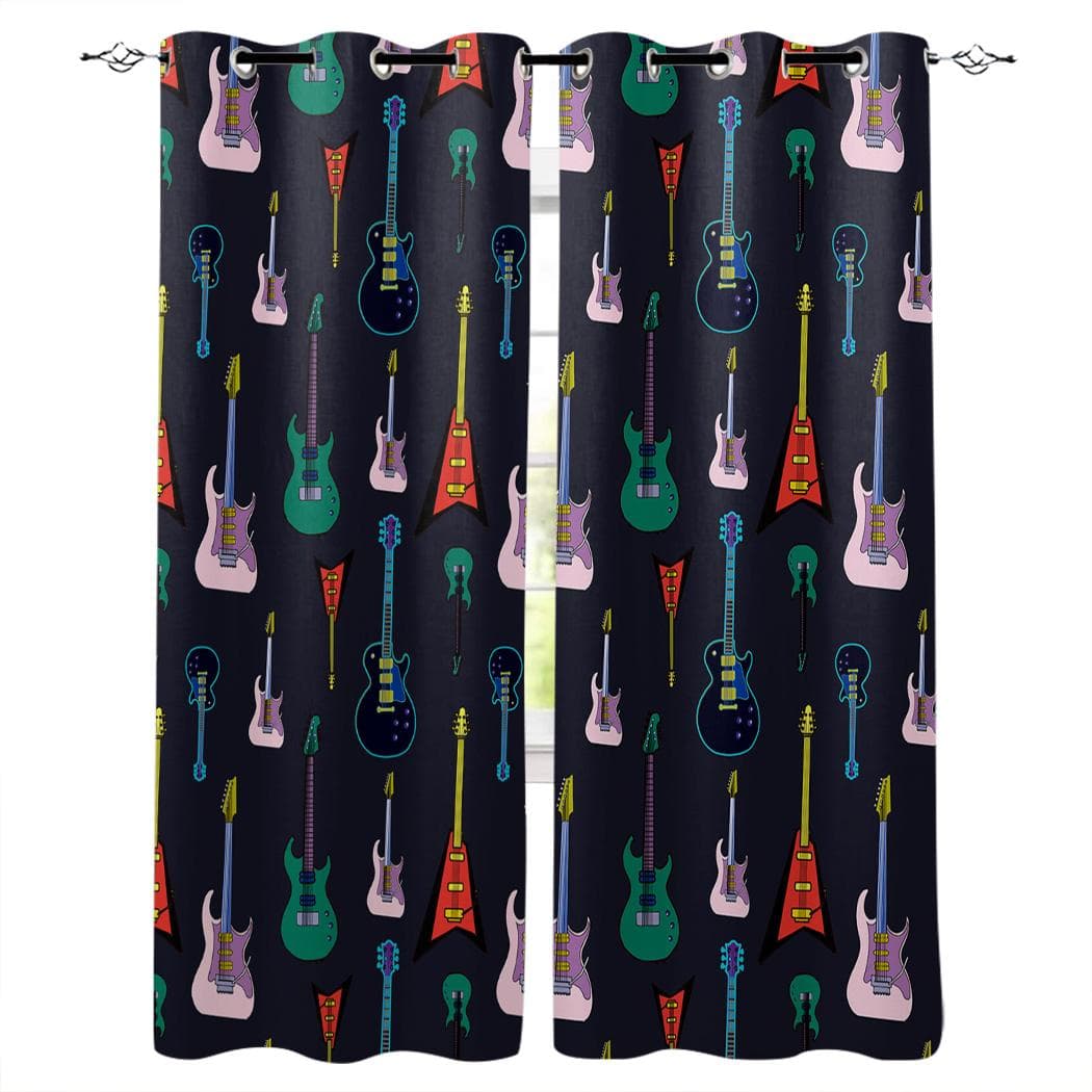 Eiffel Tower Guitar And Cat Home Decor Window Curtains Bedroom Kitchen Curtain Panel Curtains for Living Room 135W x 60H(cm)