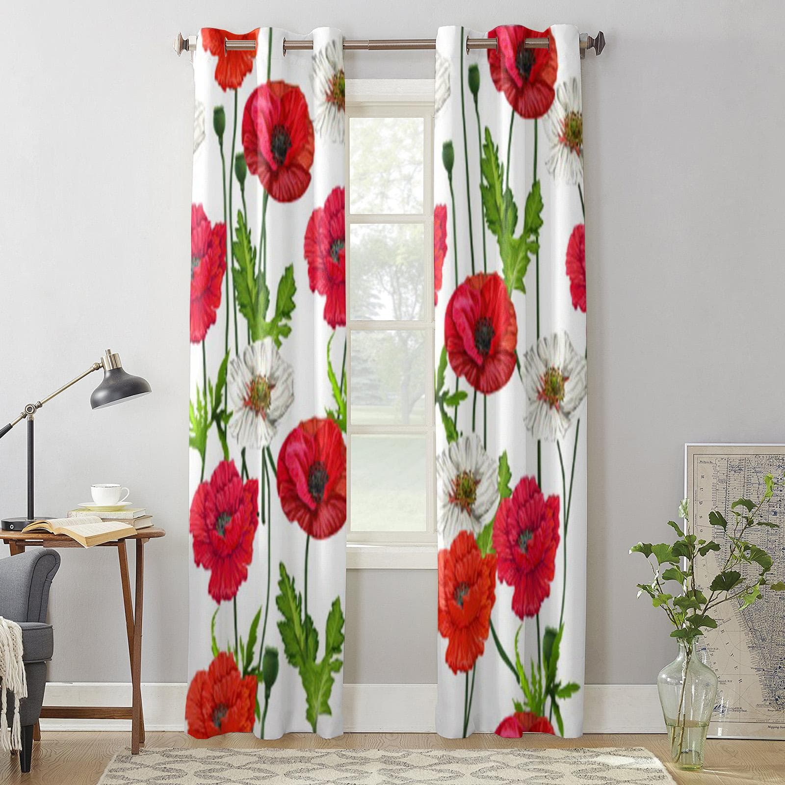 Poppy Flowers on White Background Luxury Window Curtain for Living Room Bedroom Home Decor Kitchen for Window Drapes 135W x 60H(cm) x1