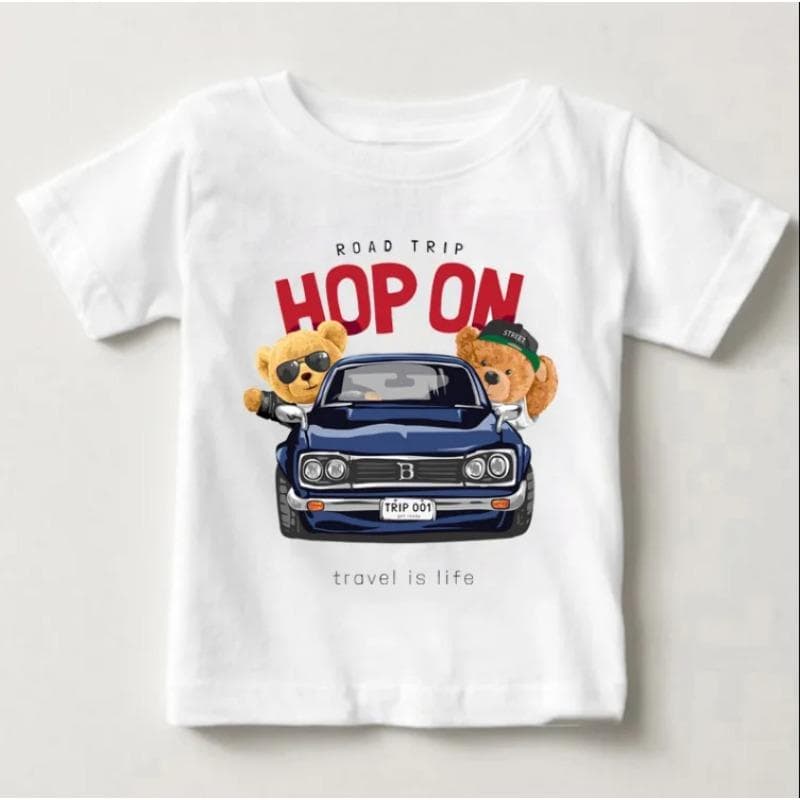 Cute Bear Riding Car Print Boys and Girls White T -Shirt Children 'S Summer Harajuku Kawaii Funny Baby Y2k Clothes 3T