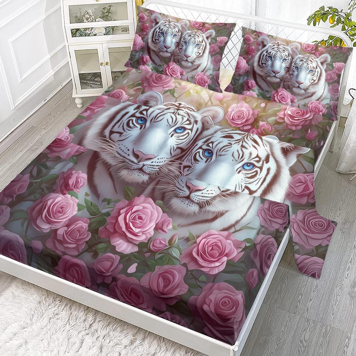 4 Pieces Bed Sheet Set Of Baihu Garden, Including 1 Flat Bed Sheet, 1 Super King Size Bed Sheet, 2 Pillow Cases (Couple) 99cmx199cm