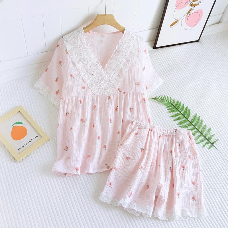 Summer New Women's Pajamas Short-sleeved Shorts Two-piece Set 100% Cotton Crepe V-neck Large Size Home Wear Set for Women XL pink