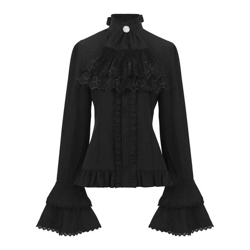Women Retro Top Steampunk Style Turtleneck Bow Decor Lace Pure Color Long Bell Sleeves Single-breasted Shirring Pleated Cosplay M black