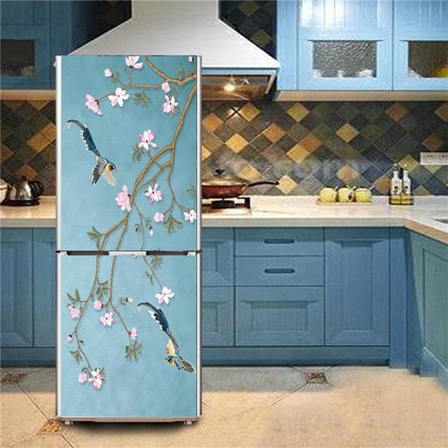 Flower Bird 3D Sticker For Fridge Waterproof Kitchen Wallpaper Furniture Decoration Poster Door Mural Refrigerator Cover Decals 40x120cm 16x47inch