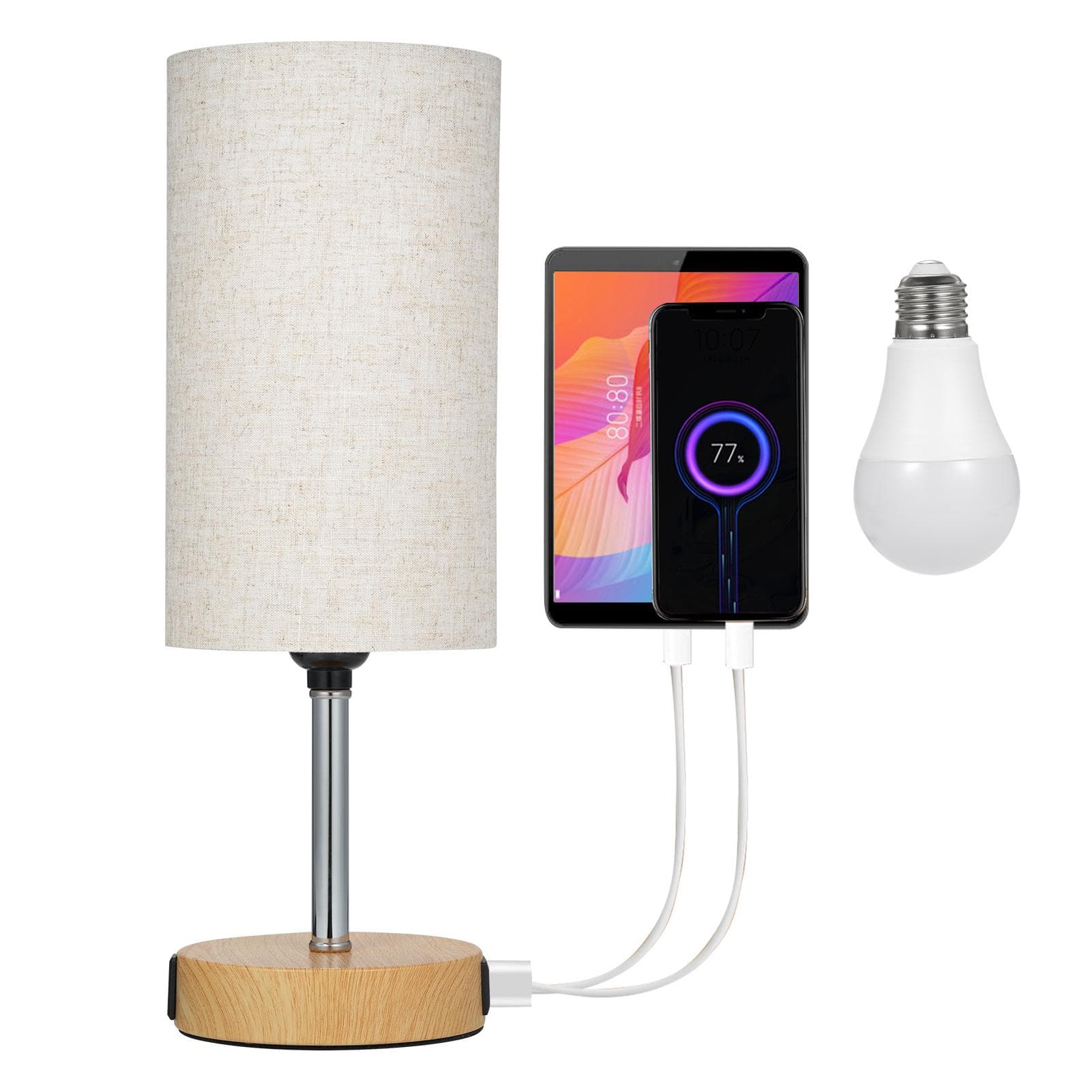 Bedside Table Lamp Nightstand Lamp with Warm White LED Bulb Desk Light Touch Control USB A US Plug beige