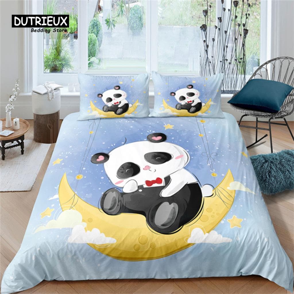 Cartoon Cute Panda Duvet Cover Twin For Boys Girls Kids Teens Soft Animal Theme Panda Bedding Set With Pillowcases Bedroom Decor US Queen(228x228cm)