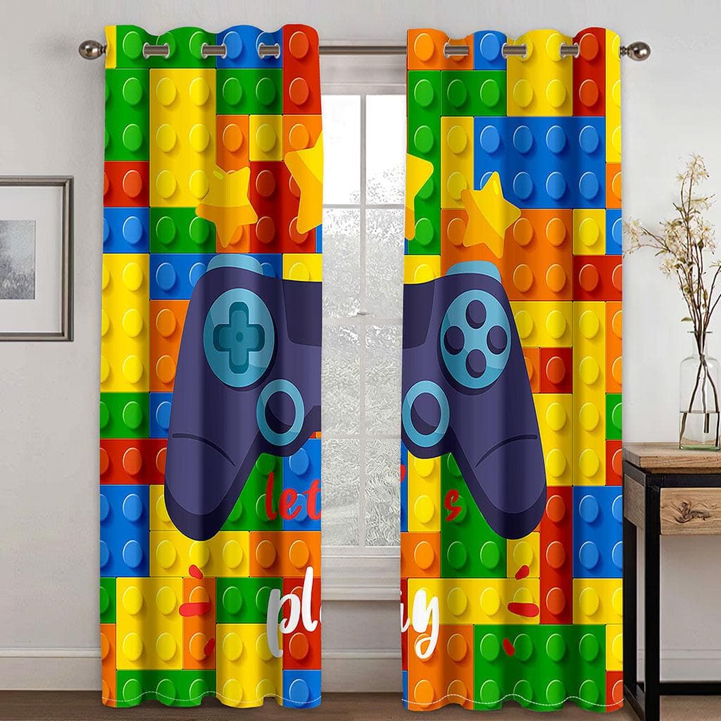 Kids Like Cartoon Game Handle Color Square Curtain 2 Panel Boys Room Bedroom Living Room Window Decoration Curtains 135W185H(CM)53x73in&Grommet Top