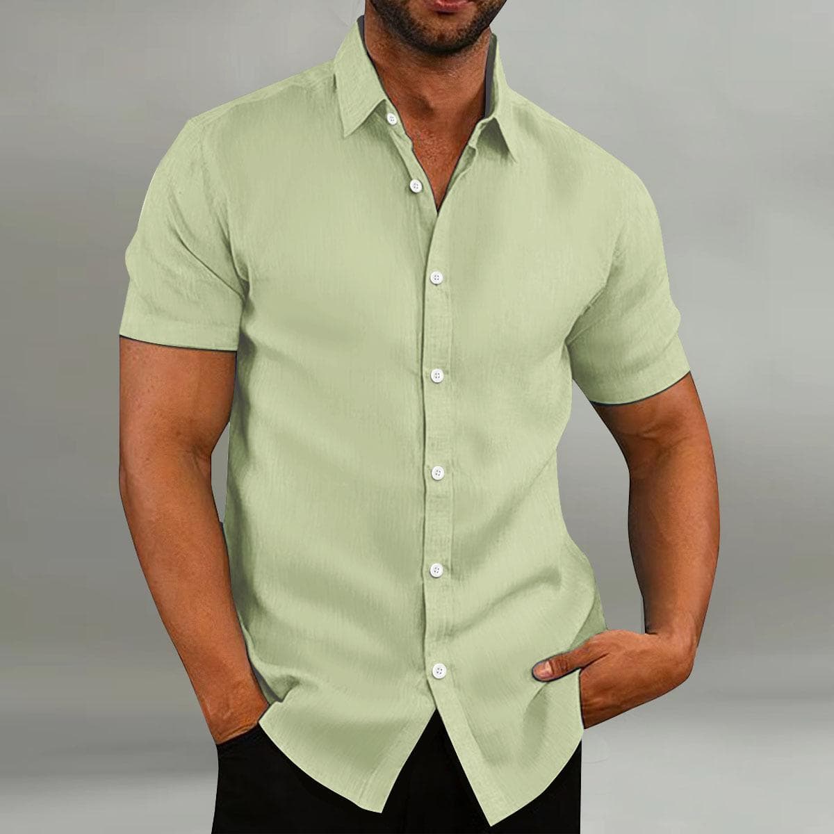 Men's Retro Solid Color Cotton Linen Shirts Casual Summer Loose Short Sleeve Lapel Shirt L light green