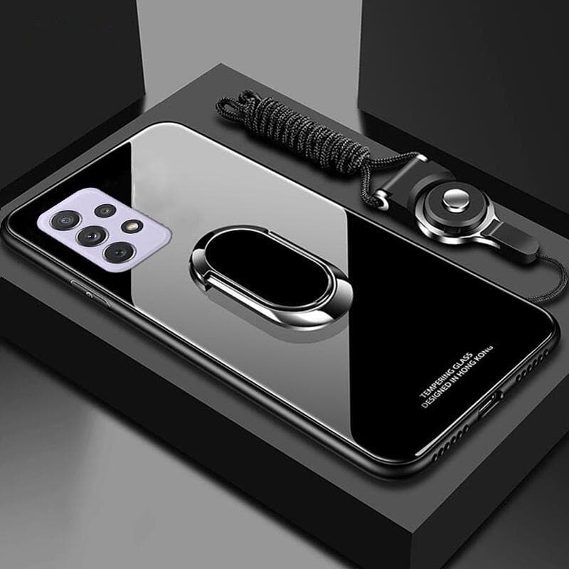 Tempered Glass Phone Case For Samsung Galaxy A73 A53 A33 A13 A03S A22 A52 A32 A42 A51 A71 A72 A12 5G Magnetic Ring Holder Stand Cover with Lanyard For Samsung A32 5G black