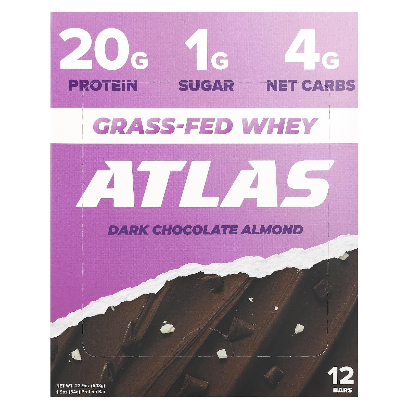 Atlas Bar, Grass-fed Whey Protein Bar, Dark Chocolate Almond, 12 Bars, 1.9 oz (54 g) Each