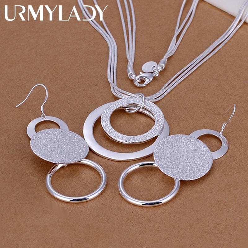 URMYLADY 925 silver wedding Christmas gift retro double matte geometric pendant necklace Drop Earrings fashion jewelry sets 45cm