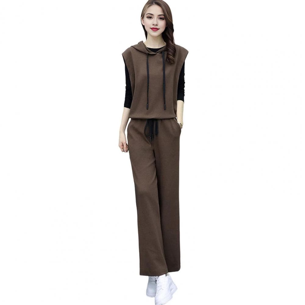 Solid Color Suit Set Women's 3-piece Hooded Vest Pants Set for Casual Daily Outfits with Drawstring Sleeveless Hoodie Wide Leg M coffee