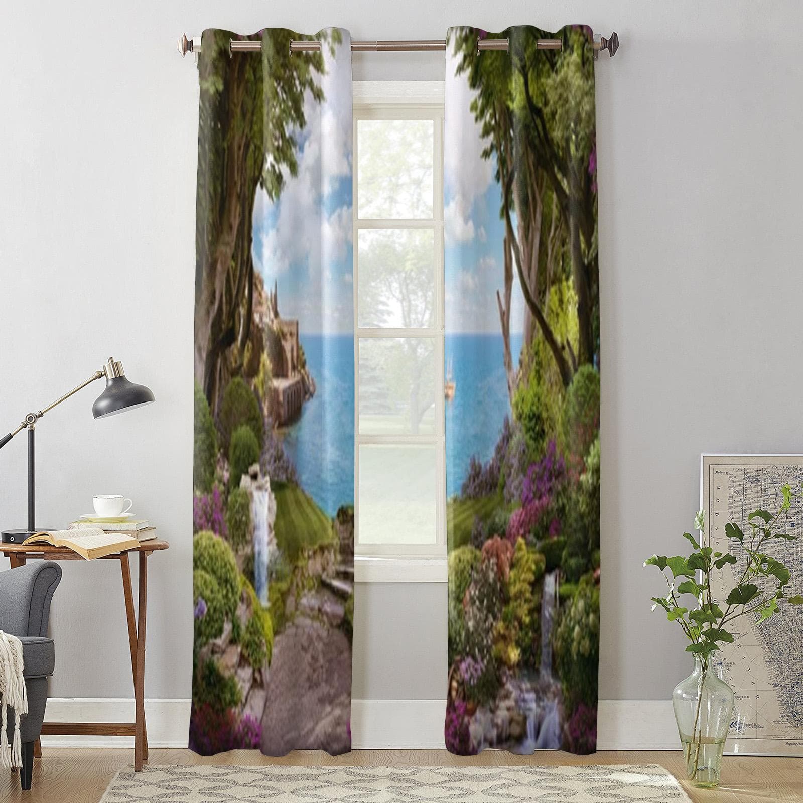 Beautiful Forest Flowers Waterfalls Window Curtains For Living Room Bedroom Luxury Modern Kitchen Curtains Fabric Drapes 135W x 60H(cm) x1