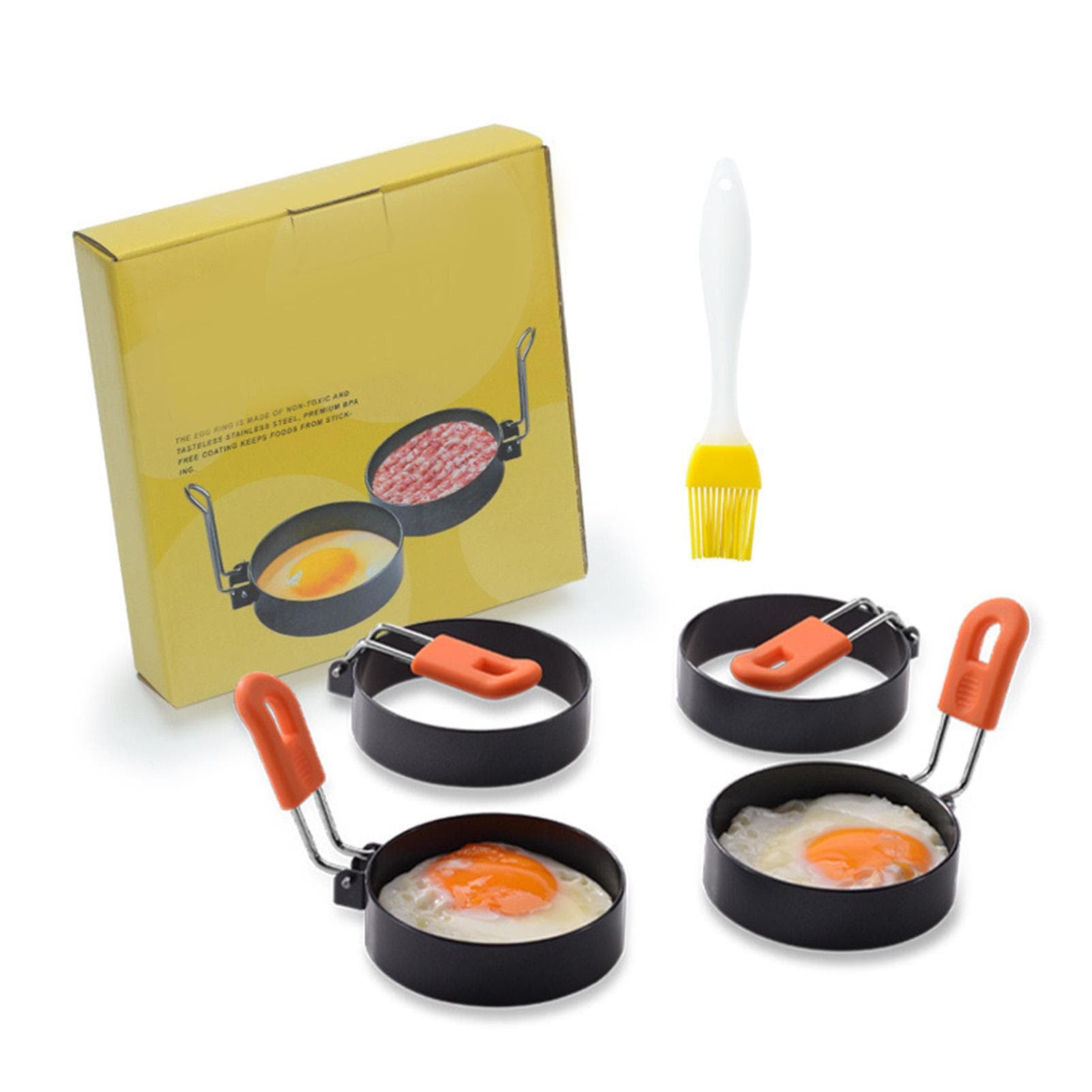 5PCS Egg Rings Brush Set Thickened Stainless Steel Silicone Handle Egg Frying Rings Nonstick Round