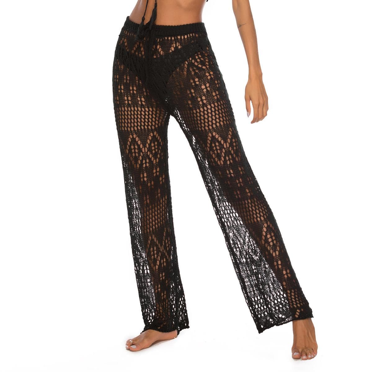 Women Summer Sexy Mesh Sheer Pants Ladies High Waist Lace Solid See Through Beach Cover Up Trousers L black