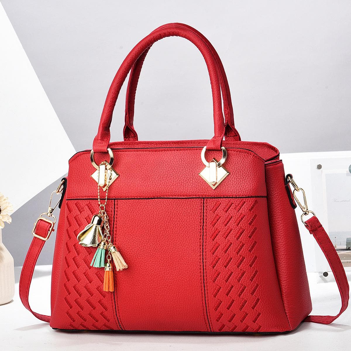 Women Tassel Leather Handbags Tote Top-handle Embroidery Shoulder Bag 31cm*14cm*23cm wine red