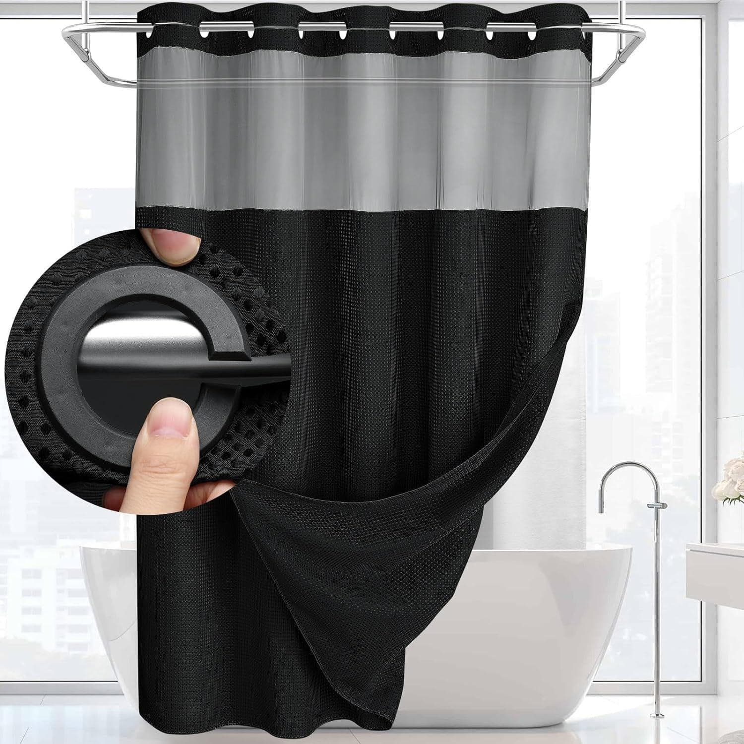 Hookless Shower Curtain Set Double (with Liner) Removable White Shower Curtain 183*190cm black