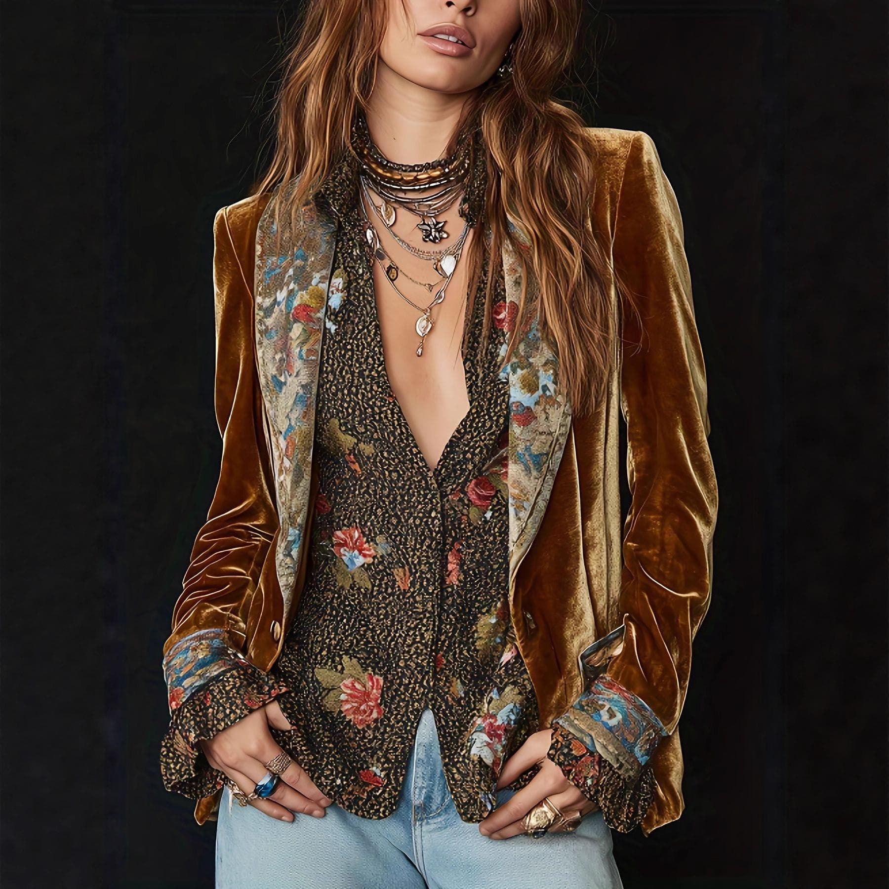 2025 Women's Long Sleeve Patchwork Lace Velvet Jacket S gold