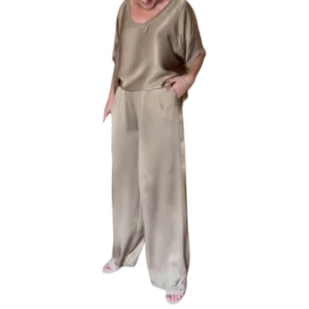 Women Wide Leg Trousers Suit Elegant Satin Top Wide Leg Pants Set for Women V Neck Blouse with Drawstring Waist Loose for Ladies M khaki