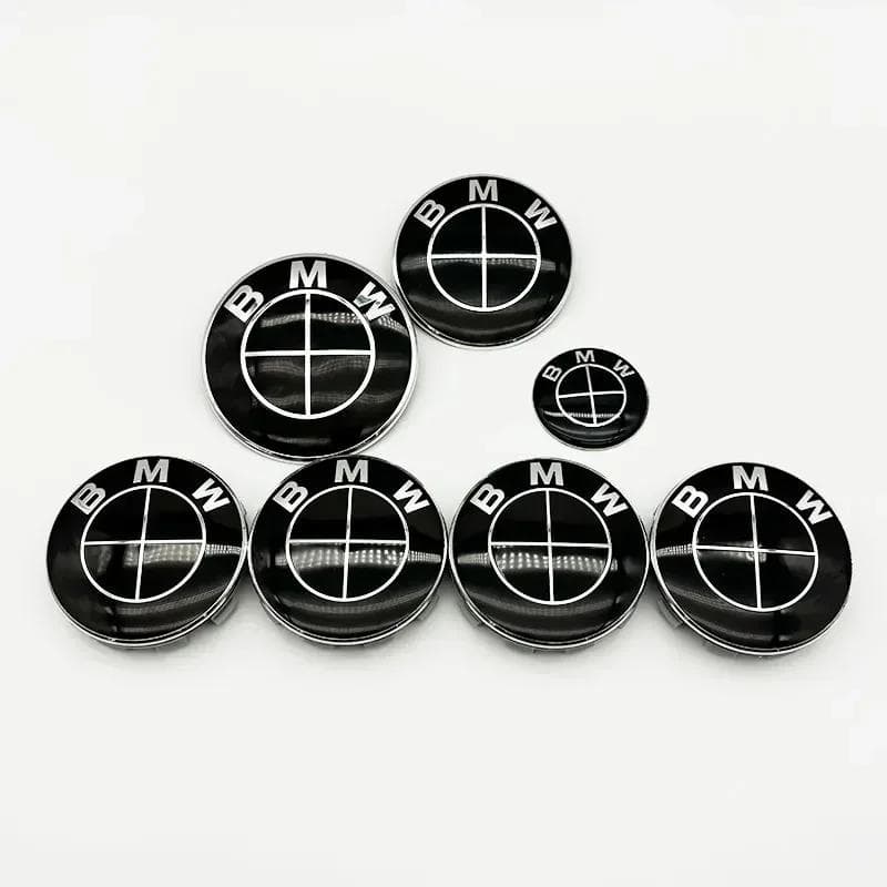 7Pcs BMW Set Emblem 56mm 68mm Car Wheel Center Caps 82mm Car Front Hood Badge 74mm Rear Trunk Logo 45mm Steering Wheel Sticker 82 74 45 68x4