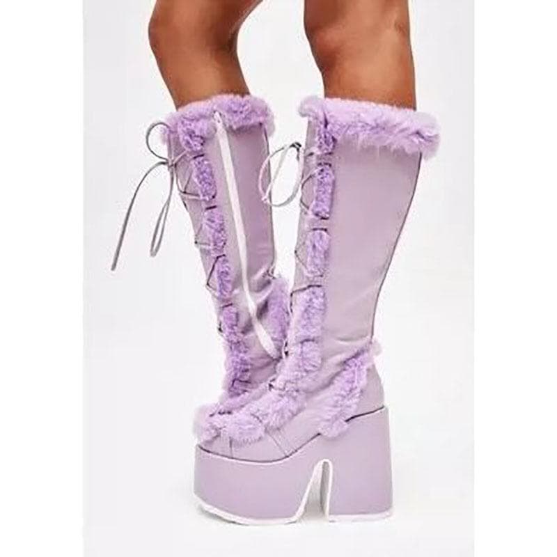 Winter Women Snow Boots Platform Wedge High Heel Faux Fur Lady Shoes Female Plush Warm Non-slip Mid Calf Boots Goth Shoes 35 purple